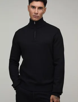 Mens Tall Regular Fit 1/4 Zip Knitted Jumper - Black - Size Small - boohooMAN - FashionsVida