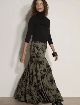 Women's Floral Silhouette Crepe Maxi Skirt in Khaki Size: 12 - Khaki - Size: 12 - Apricot - FashionsVida