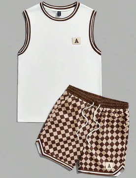 Conjunto de 2 piezas de camiseta de tirantes decorada con rayas y pantalones cortos para hombre, escolar S - Shein - FashionsVida