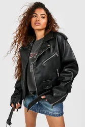 Womens Petite Faux Leather Oversized Biker Jacket - Black - Size 12 Uk