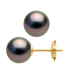 Earrings Genuine Tahitian Pearls Round 9-10 Mm — 9ct Yellow Gold (375/1000) - Teal