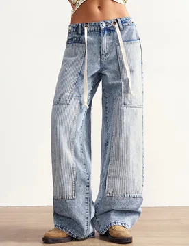 Pantalones vaqueros de tiro bajo, estilo boho, de invierno/primavera, para mujer, con estampado de rayas, parches de mezclilla lavada y pierna recta h - Shein - FashionsVida