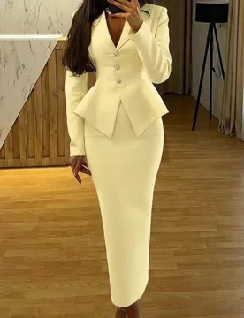 Conjunto de 2 piezas/Set Elegante de Traje Formal de Negocios Blazer + Falda con Abertura en el Bajo Amarillo Otoño XS - Shein - FashionsVida