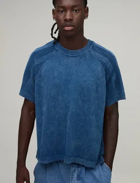 Herren Kastiges Acid-Wash-Geripptes Gestricktes Oberteil Blue Größe Large - boohooMAN - FashionsVida
