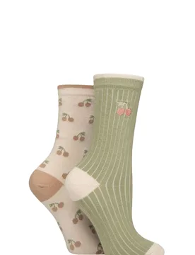 Women's 2 Pair Charnos Cherry Patterned Socks Natural One Size - Multi Coloured - Size: One Size - SockShop - FashionsVida