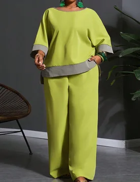 Conjunto de top de manga 3/4 y pantalones de pierna ancha de color contrastante para mujer talla grande, ideal para festivales de música de primavera - Shein - FashionsVida
