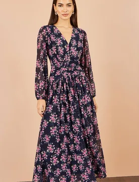 Women's Floral Mesh Ruched Waist Maxi Dress in Navy Size: 20 - Navy - Size: 20 - Yumi - FashionsVida
