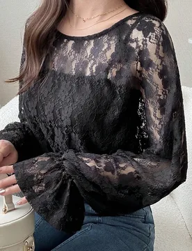 Camiseta de tirantes de encaje transparente suelta color albaricoque para mujer con mangas acampanadas, tops de manga larga para salir en primavera/ve - Shein - FashionsVida