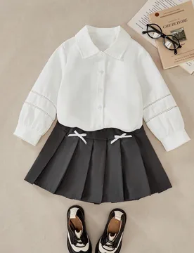 Set de 2 piezas de blusa casual adorable y falda plisada con moño para niña, para otoño 4Y - Shein - FashionsVida