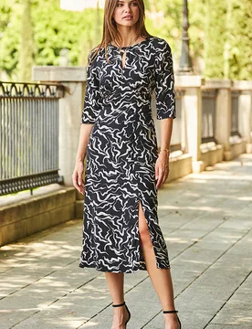 Womens Black & White Abstract Print Midi Dress With Keyhole Detail - Size 12 Uk - Sosandar - FashionsVida