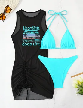 Conjunto de bikini de unicolor con cuello de corbata sexy para mujer, con vestido de cobertura transparente con estampado de letras para playa y vacac - Shein - FashionsVida
