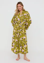 Corina Kimono Style Floral Print Robe In Green - S