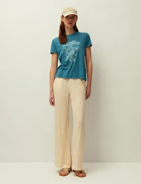 Pantalón ancho de mujer en lino con cierre de cremallera y botón - System Action - FashionsVida