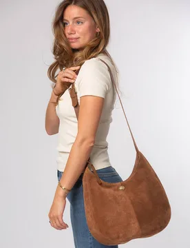 Women's 'Nell' Suede & Leather Shoulder Bag in Tan - Tan - Size: One Size - Pure Luxuries London - FashionsVida
