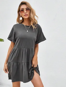 Vestido de Estilo Babydoll con puños enrollados, bajo con volantes, para vacaciones y playa para mujeres M - Shein - FashionsVida