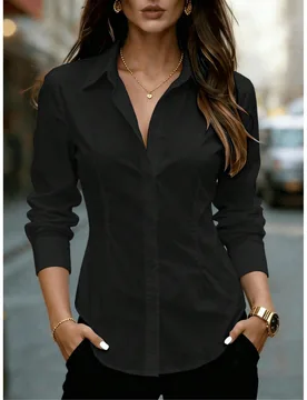 Camisa de manga larga con botones para mujer - Top ajustado con cuello fruncido y cintura definida en color negro M - Shein - FashionsVida