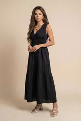 Women's Ruched Cotton Poplin Maxi Dress in Black Size: 14 - Black - Size: 14