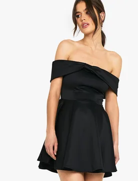 Womens Bonded Sucba Bardot Volume Skater Mini Dress - Black - Size 12 Uk - Boohoo - FashionsVida
