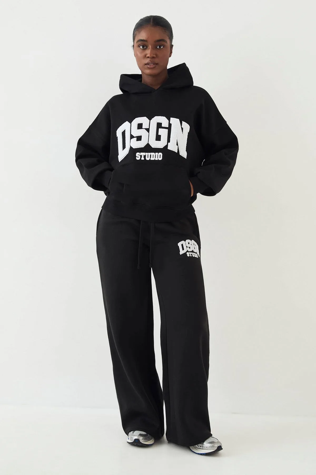 Womens Towelling Applique Straight Leg Jogger - Black Cotton - Size X-Small - DSGN Studio - FashionsVida