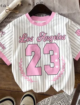 Camiseta de manga corta con cuello redondo y gráfico de la letra 23, con diseño de lazo, rayas y estilo ballet de color rosa brillante, casual y sen - Shein - FashionsVida