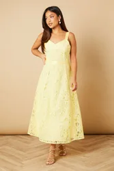 Womens Petite Floral Lace V Neck Midi Dress - Yellow - Size 12 Uk