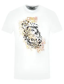 Mens Leopard Print Silhouette White T-Shirt Cotton - Size X-Large - Cavalli Class - FashionsVida