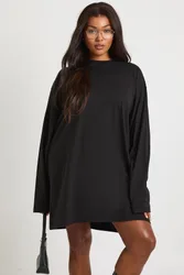 Womens Plus Long Sleeve T-Shirt Dress - Black Cotton - Size 20 Uk