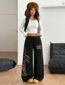 Pantalones de chándal de cintura media cómodos y holgados con estampado de letras de pierna ancha para niñas preadolescentes 13Y - Shein - FashionsVida