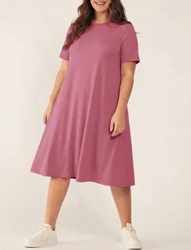 Vestido holgado y suelto de talla grande para mujer, unicolor, cuello redondo, manga corta, casual básico tradicional, para uso en casa, vacaciones y - Shein - FashionsVida