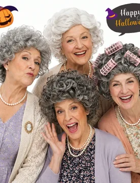 Conjunto de disfraz de abuela que incluye peluca gris corta y rizada, collar de perlas y rulos para el cabello. Peluca sintética de señora mayor vin - Shein - FashionsVida