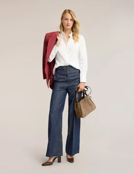Jeans de mujer palazzo de denim de talle alto con pliegue talle alto con detalle de hebillas y botones metálicos apertura frontal con tres bo - Motivi - FashionsVida