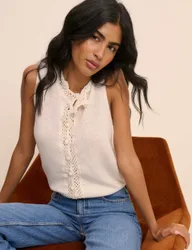 Wool Blend Crochet Trim Sleeveless Cardigan Cream female