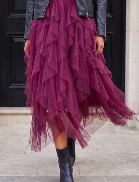 Women's Elastic Waist Mesh Layered A Line Skirt in Wine Size: 18 - Wine - Size: 18 - Roman - FashionsVida