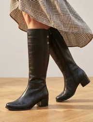 Leather Block Heel Knee High Boots Black female