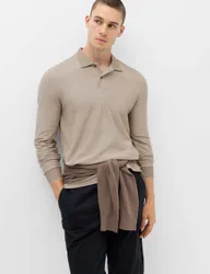 Cotton Rich Striped Long Sleeve Polo Shirt Beige male
