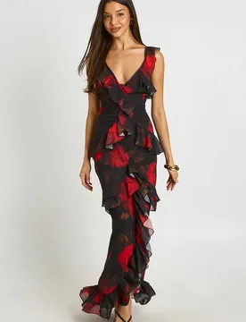 Womens Floral Chiffon Layered Ruffle Detail Maxi Dress - Black - Size 8 Uk - Boohoo - FashionsVida
