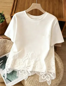 Nueva camiseta de mujer de unicolor con cuello redondo, blusa con dobladillo asimétrico y aplicación de encaje, camiseta blanca de manga corta, blus - Shein - FashionsVida