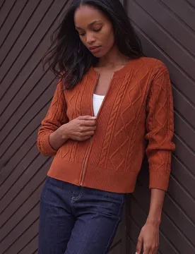 Women's Knitted Cable Bomber in Orange Size: 14 - Orange - Size: 14 - Roman - FashionsVida