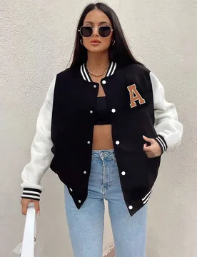 Pieza Chaqueta de béisbol de felpa con estampado de letras, bloques de color, ribete de contraste y textura acanalada, estilo casual y holgado para a - Shein - FashionsVida