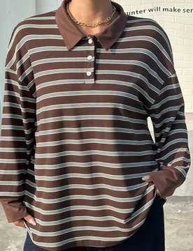 Camiseta de manga larga holgada y casual con rayas, talla grande, para primavera/otoño 1XL - Shein - FashionsVida