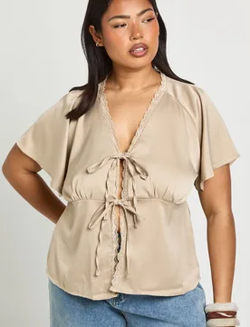 Womens Plus Satin Lace Trim Tie Front Short Sleeve Top - Cream - Size 18 Uk - Boohoo - FashionsVida