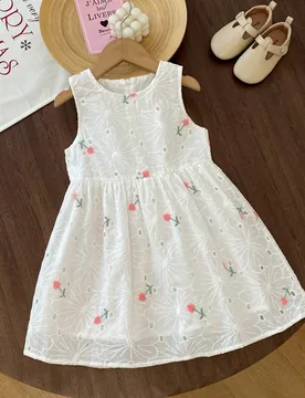 Vestido informal sin mangas para niñas, vestido de princesa con bordado floral estilo coreano, vestido de tirantes minimalista, para verano 7Y - Shein - FashionsVida