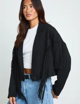 Womens Fringe Detail Faux Suede Jacket - Black - Size 16 Uk - Boohoo - FashionsVida