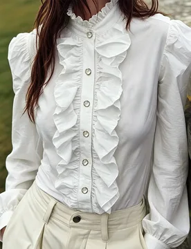 Camisa de mujer para otoño, Día del Maestro, atuendo para oficina al aire libre y brunch, playa, blanco, manga larga con volantes, fiesta, estilo mi - Shein - FashionsVida