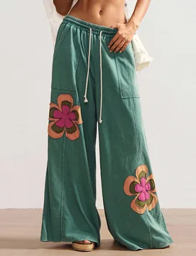 Pantalones de mujer talla grande con aplique floral, cintura con cordón, bolsillos, pierna ancha, estilo casual elegante bohemio, para vacaciones, co - Shein - FashionsVida