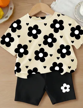 Set de 2 piezas de camiseta y pantalón corto de niña casual y versátil para primavera/verano. Camiseta de manga corta de cuello redondo holgado con - Shein - FashionsVida