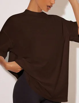 Camiseta casual holgada de mujer de unicolor con cuello alto y hombros caídos, para verano, uso diario, trabajo, descanso, día, vacaciones y salidas - Shein - FashionsVida