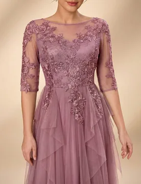 Vestido de mujer primavera/verano romántico y elegante con cuello redondo, manga 3/4, encaje, malla de contraste, múltiples capas, dobladillo asimé - Shein - FashionsVida