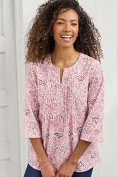 Women's Print Broderie Pintuck Blouse in Rose Size: 10 - Rose - Size: 10