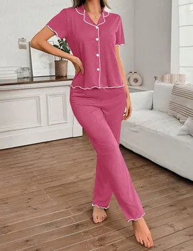 Conjunto de 2 piezas de top de manga corta con cuello vuelto y volantes y pantalones, estilo clásico y sencillo, de tela de punto ligera, para uso ca - Shein - FashionsVida